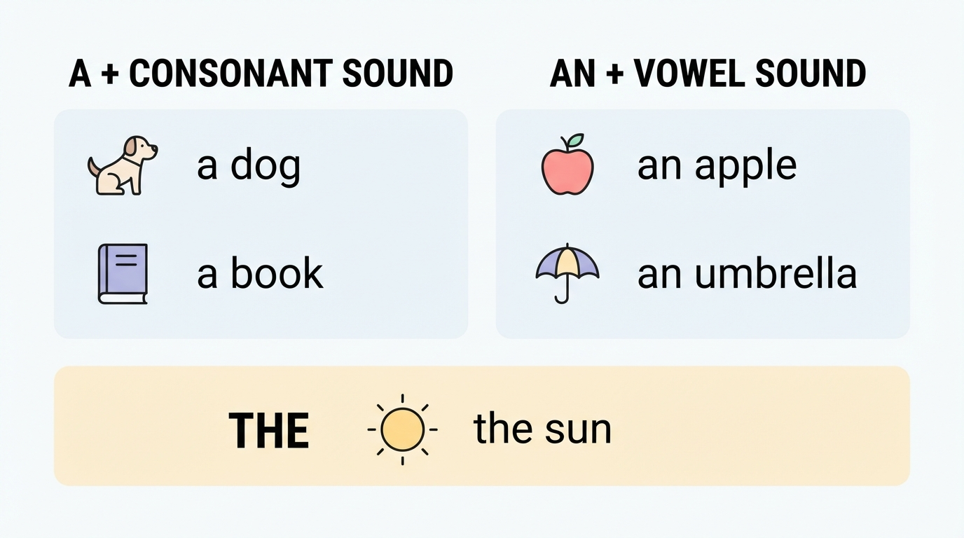 Diagram contrasting A before consonant sounds with AN before vowel sounds