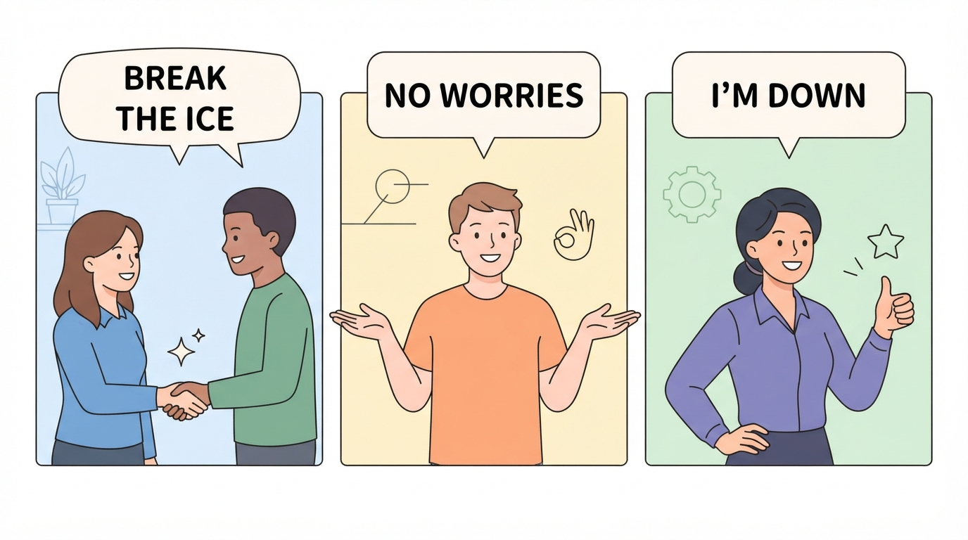 Comic strip diagram of three common idioms used among friends
