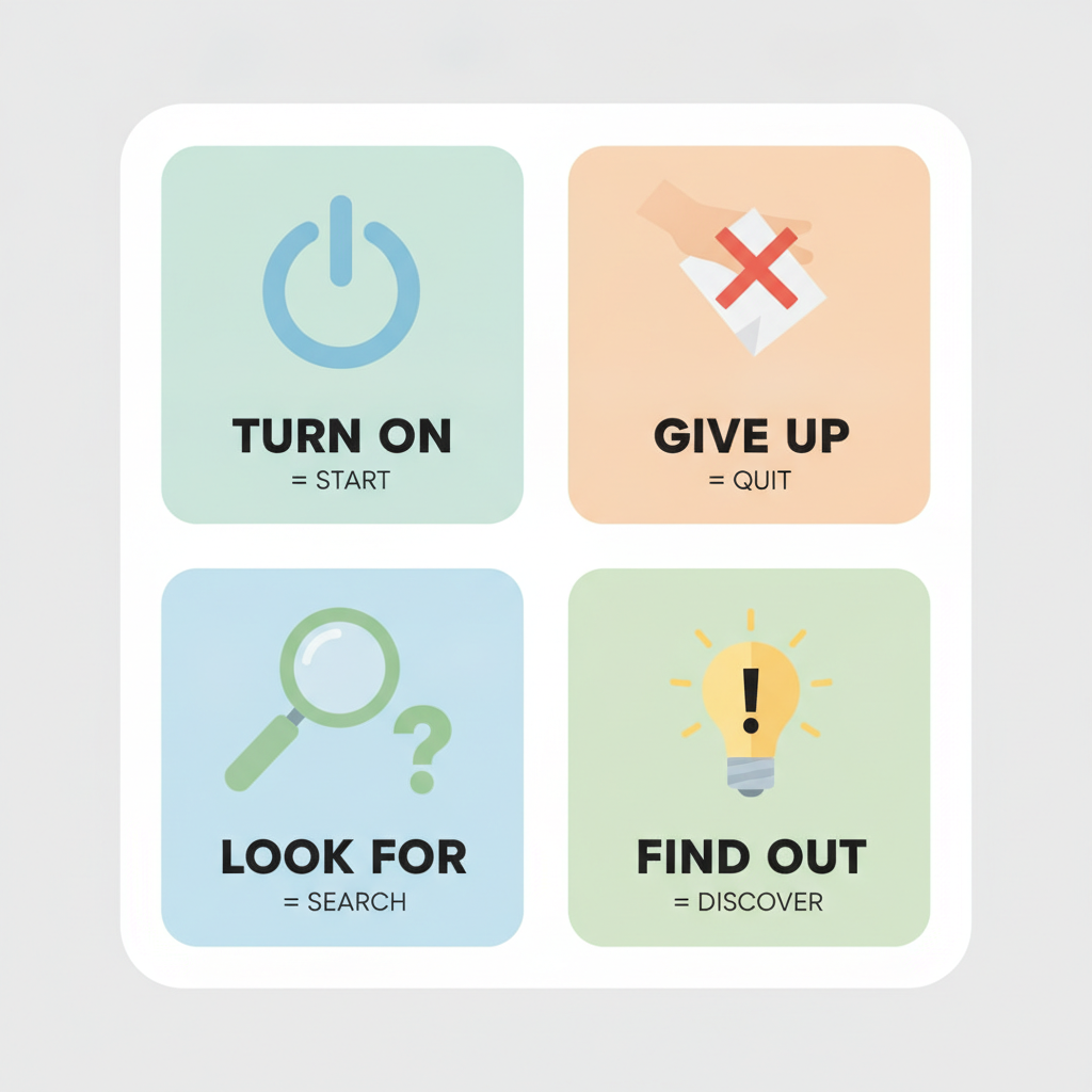 Grid diagram of common phrasal verbs and their meanings