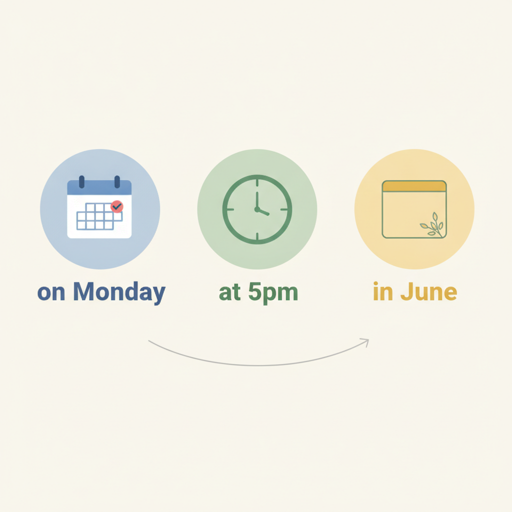 Diagram of time prepositions on, at, and in with example icons