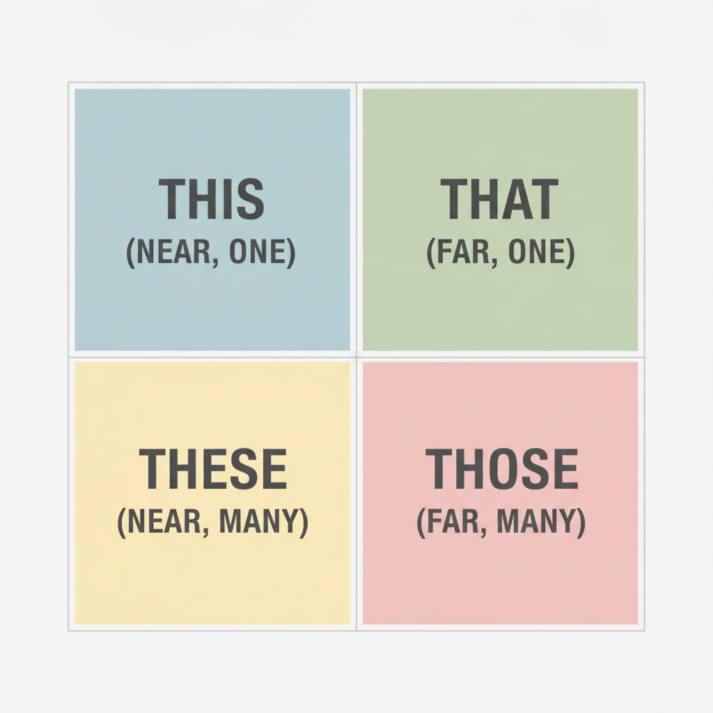 Grid diagram of this, that, these, and those by distance and number