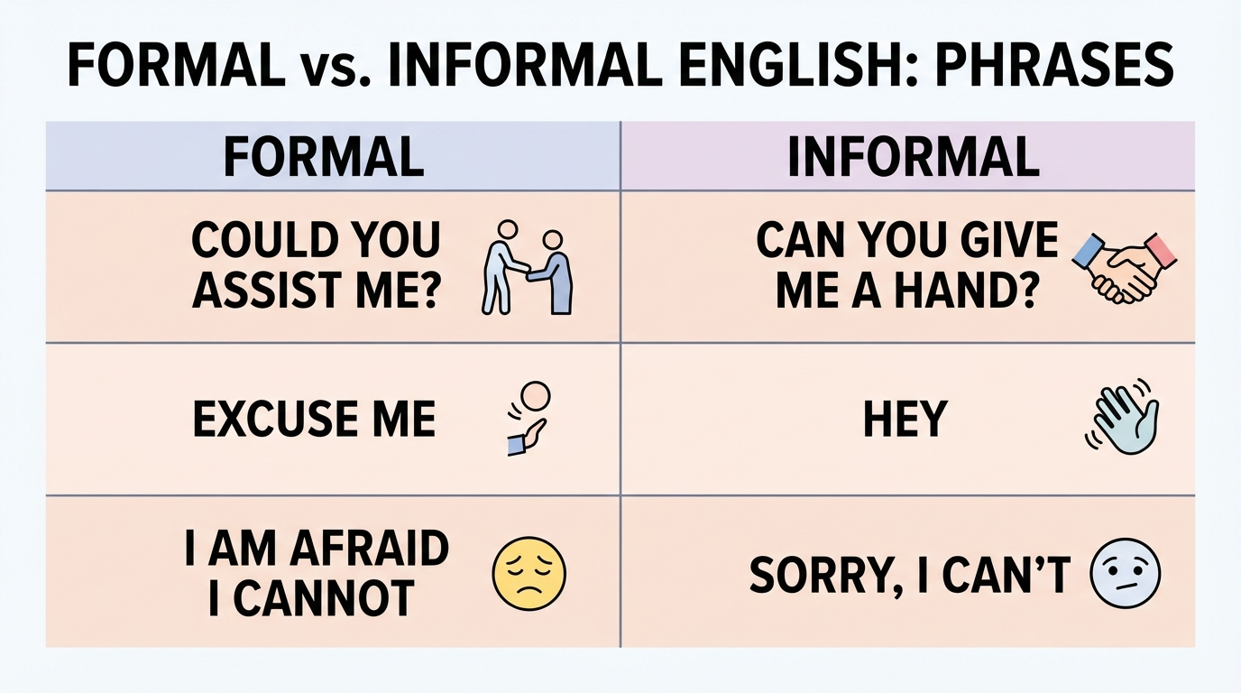 Comparison table diagram of formal versus informal English phrases