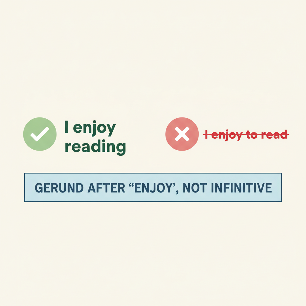Diagram showing I enjoy reading is correct and I enjoy to read is incorrect