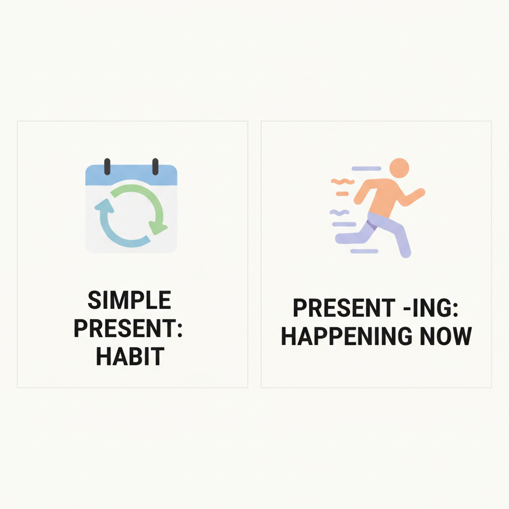 Diagram comparing simple present habits with present continuous actions happening now