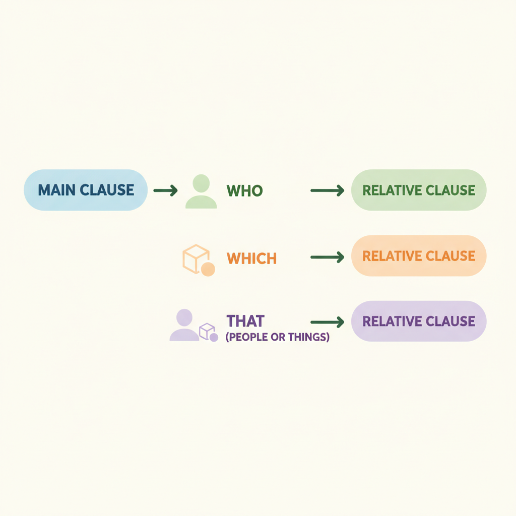 Diagram distinguishing who, which, and that in relative clauses