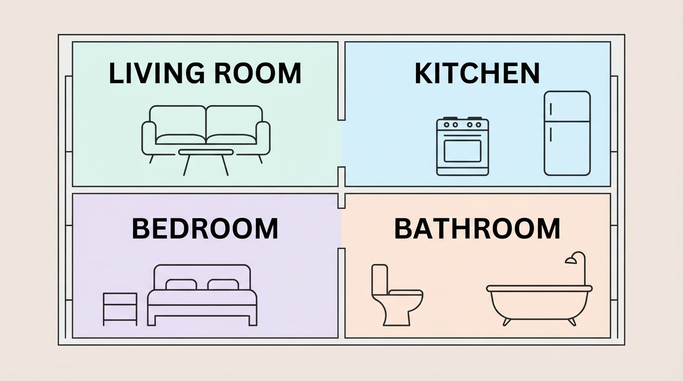Floor-plan diagram of four labeled rooms in a home