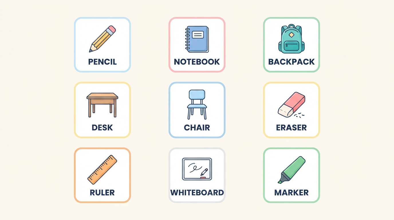 Grid diagram of nine labeled classroom object icons