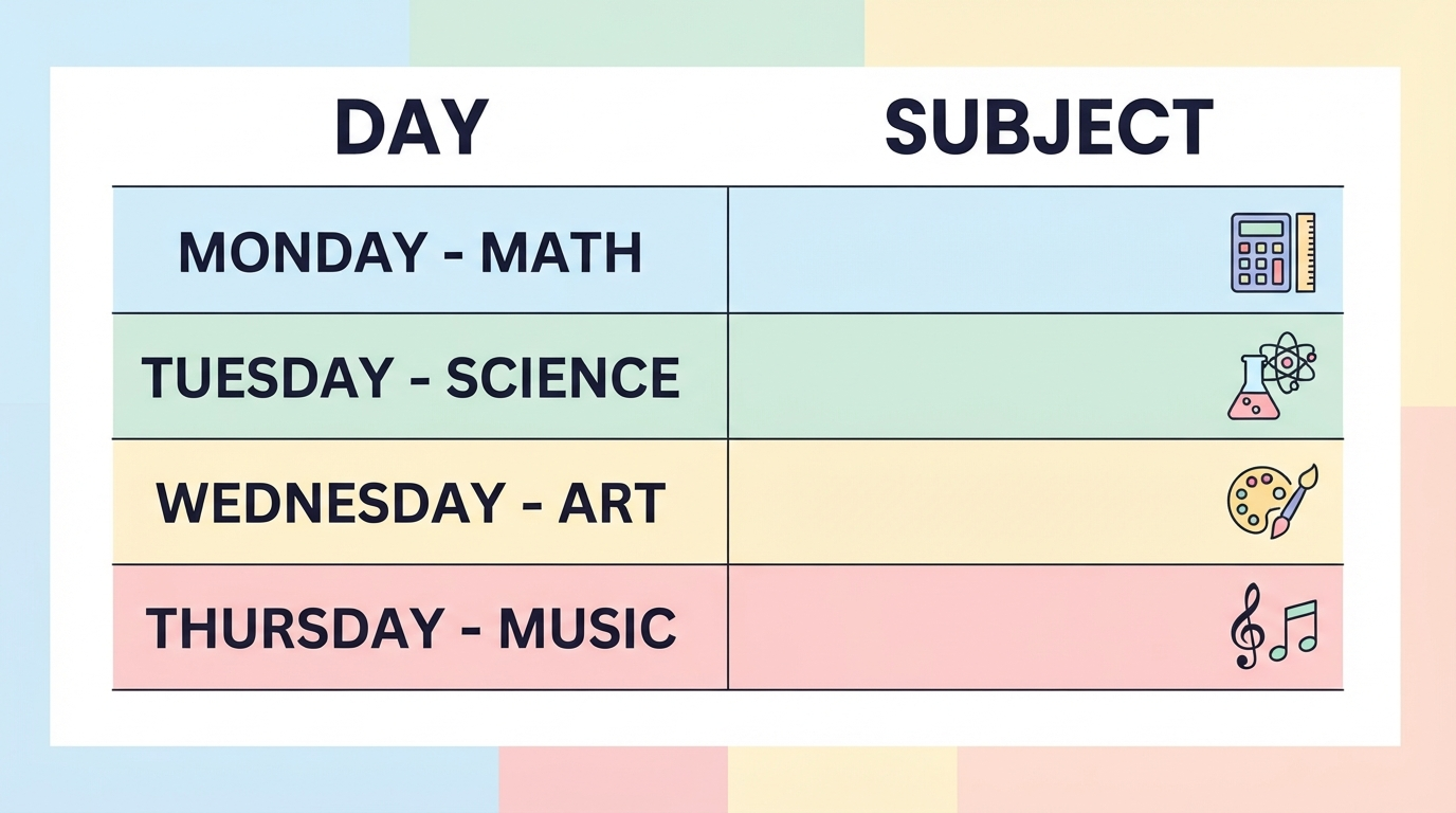 Table diagram of a weekly school timetable with days and subjects