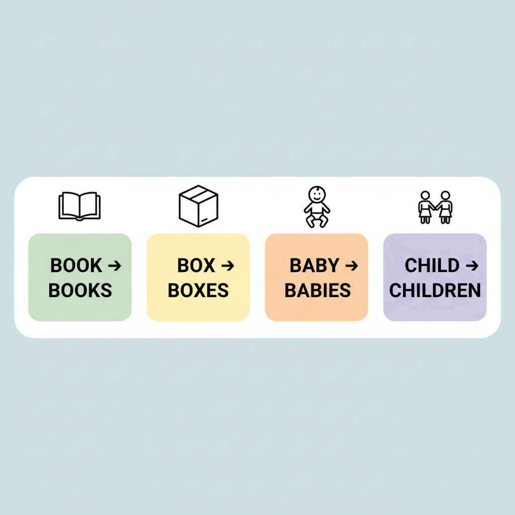 Diagram of English noun pluralization rules with examples