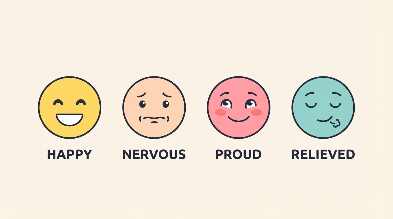 Row diagram of four face icons labeled with feeling words