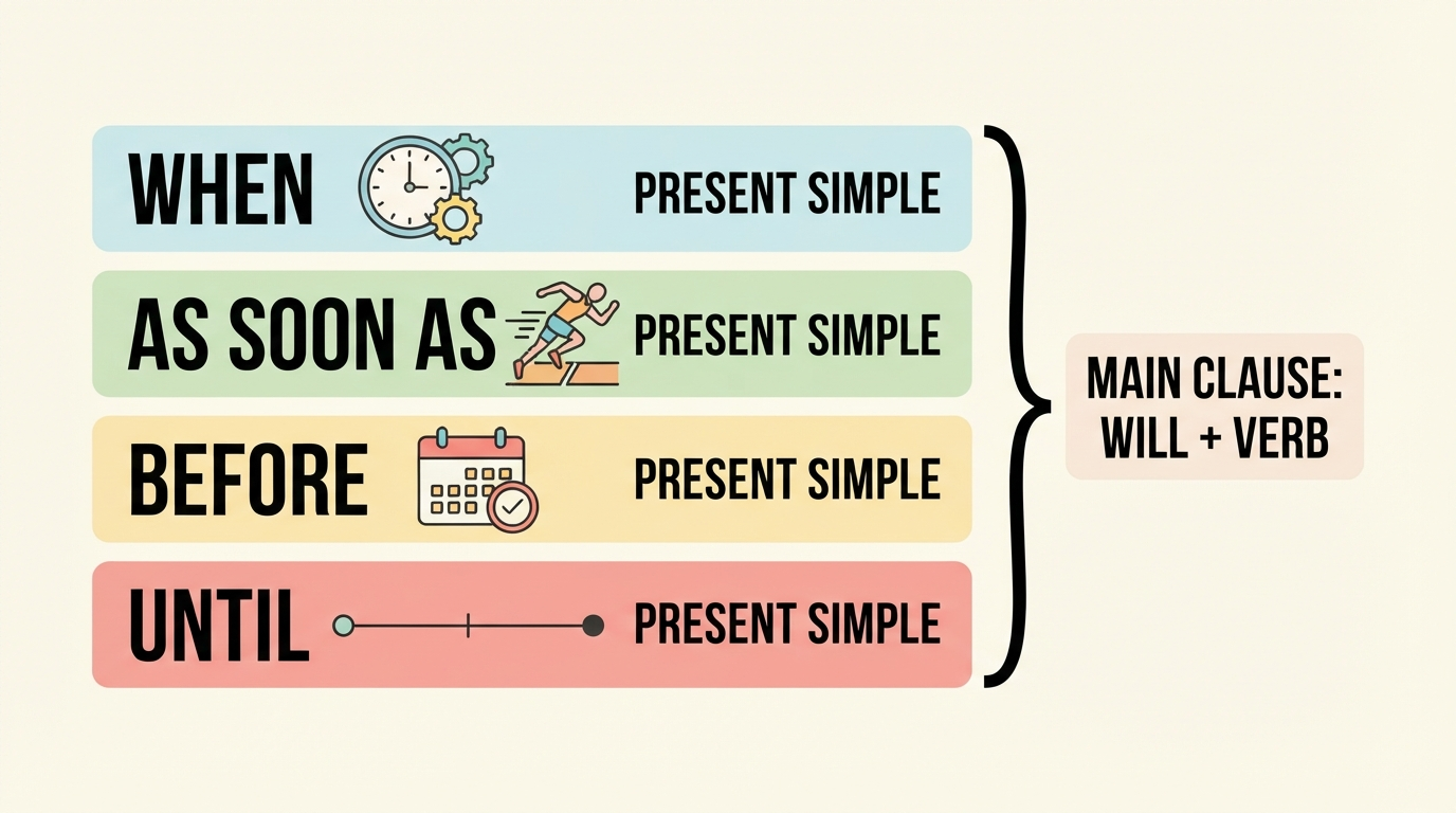 Stacked list diagram of time conjunctions paired with the present simple and a will future main clause