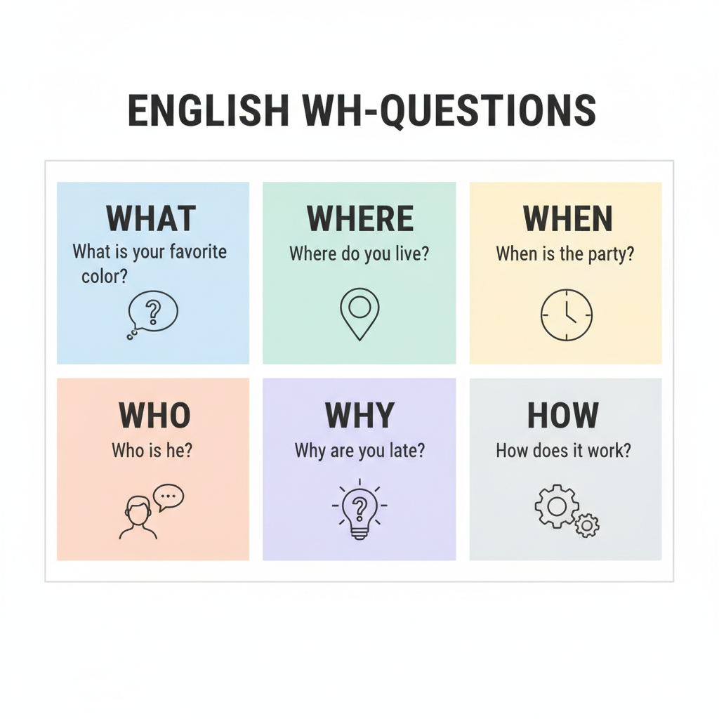 Grid diagram of wh-question words with example questions and icons