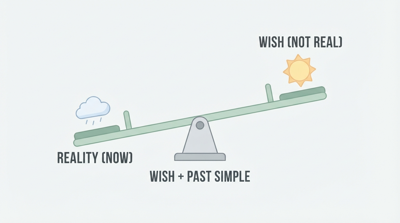 Seesaw diagram contrasting present reality with an unreal wish