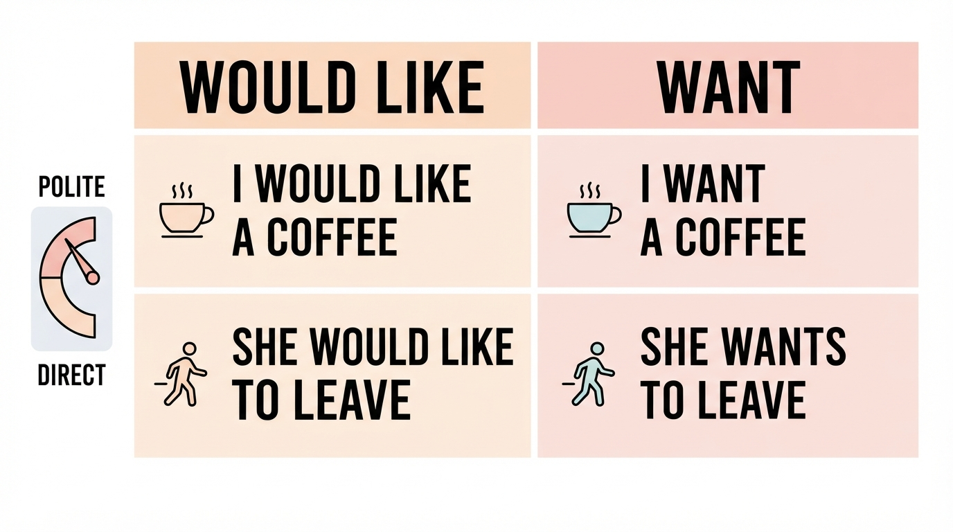 Side-by-side diagram comparing would like as polite and want as direct