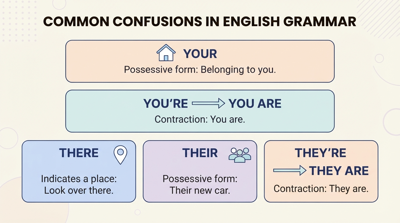 Diagram contrasting your and you're, and there, their, and they're