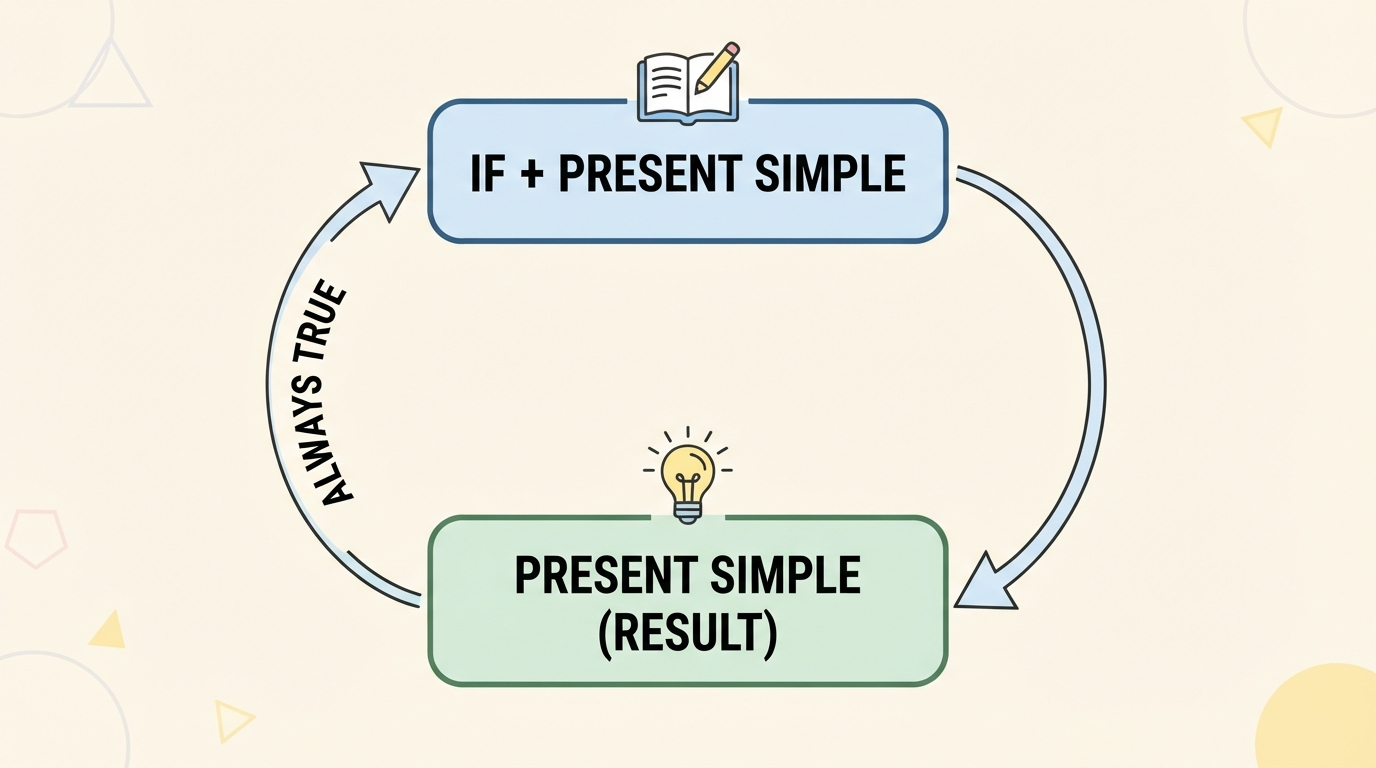 Loop diagram showing the zero conditional: if plus present simple always leads to a present simple result
